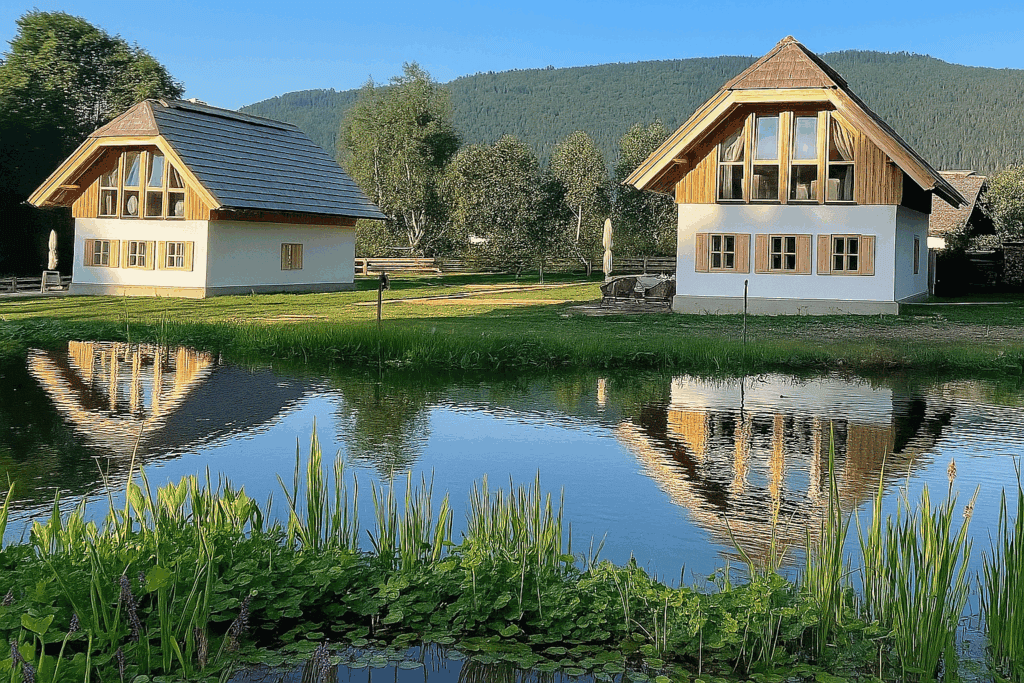 Due case di legno si trovano accanto a uno stagno.