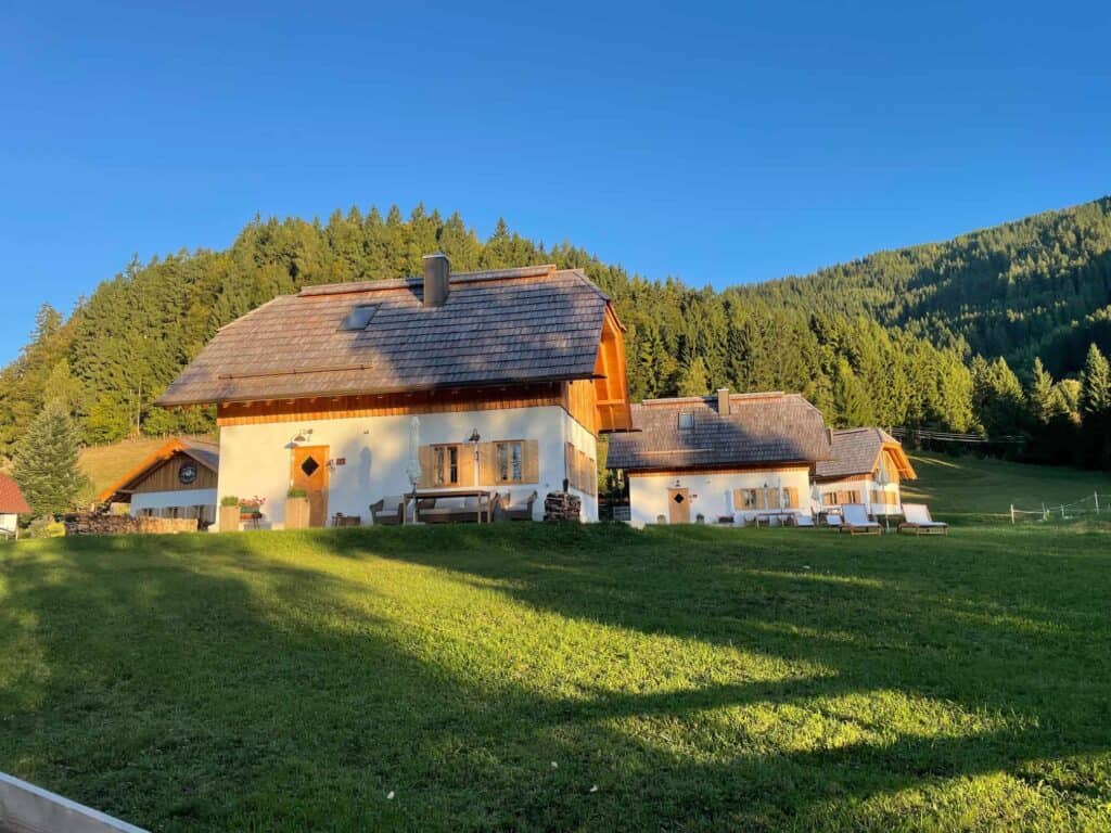 Gemütliches Chalet im Kärntner Alpenstil mit Blick auf die grünen Hänge und Berge.