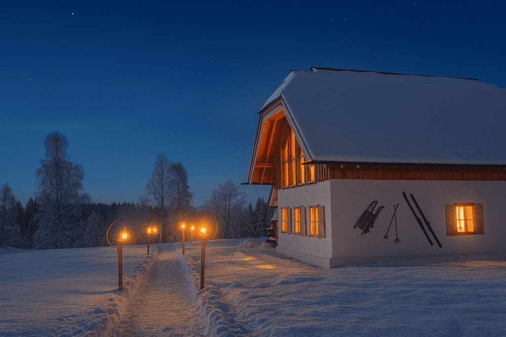 Winter evening atmosphere at Ebner 1822 - a traditional holiday home made of wood, clay and straw, warmly lit under a clear starry sky, surrounded by snow-covered nature and a torch-lit path.