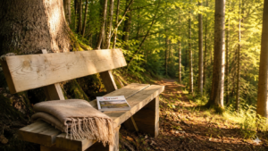 Bank im Wald mit Decke und Buch als stiller Rückzugsort für Digital Detox bei Ebner 1822 in Kärnten