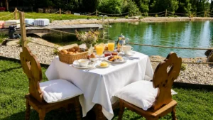 Frühstück am Naturteich beim Erwachsenenurlaub am Hof in Kärnten