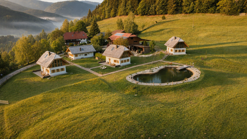 Hideaway in Südösterreich bei Ebner 1822 in Kärnten mit Naturhaus aus Holz, Stroh und Lehm in ruhiger Landschaft