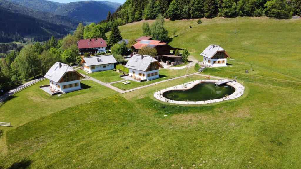 Ebner 1822 in Kärnten mit Ferienhäusern, Naturteich und Wiesen in ruhiger Morgenstimmung für Hofurlaub für Erwachsene in Österreich