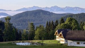 Naturhäuser von Ebner 1822 in Kärnten mit Naturteich, Wiesen, Wald und Blick auf die Berge
