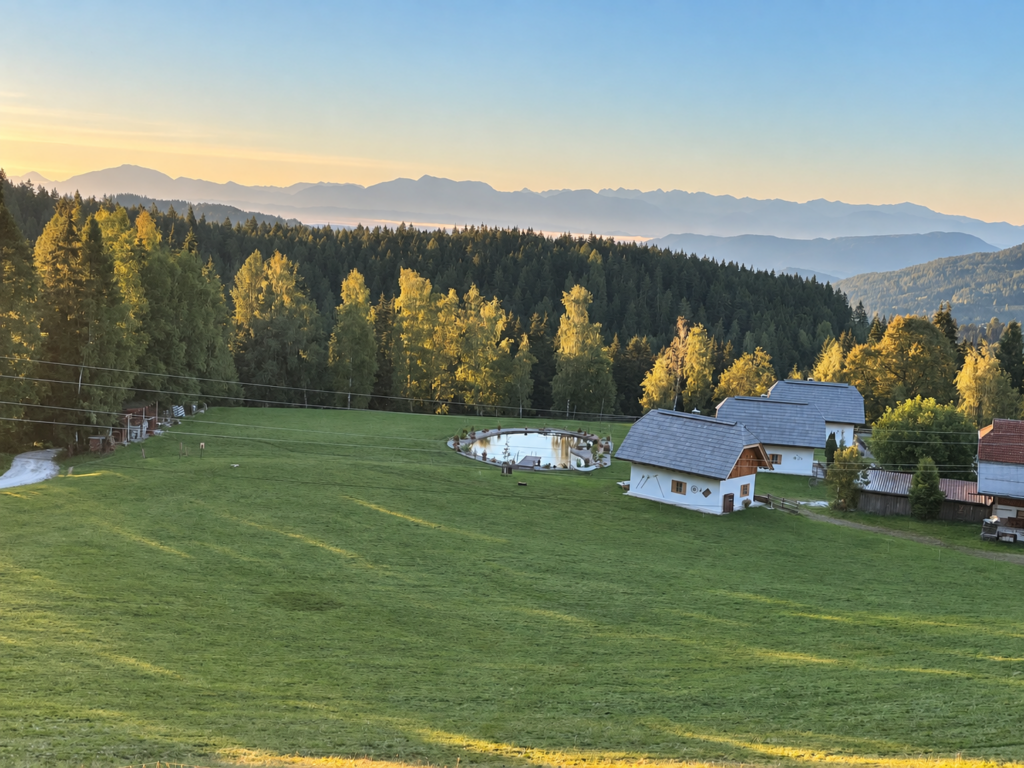 Drei Naturhäuser von Ebner 1822 in der Morgensonne mit Teich und Blick auf die Nockberge